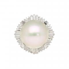 14mm Pearl with Baguette and Round Diamonds in Platinum Cocktail Ring - 3845579