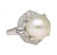 14mm Pearl with Baguette and Round Diamonds in Platinum Cocktail Ring - 3861956