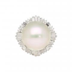 14mm Pearl with Baguette and Round Diamonds in Platinum Cocktail Ring - 3864372