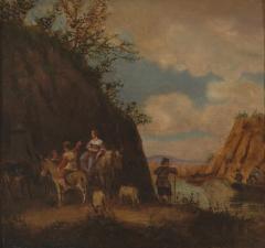 17th C Landscape Painting with Staffage Noblewoman with Squire Oil on Copper - 4269473