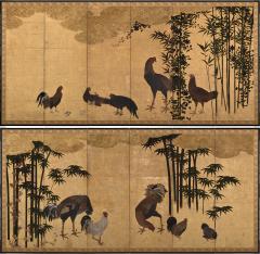 17th Century Japanese Screen Pair Roosters and Chickens in a Bamboo Grove - 4713044