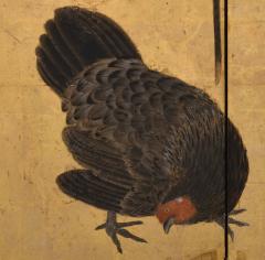 17th Century Japanese Screen Pair Roosters and Chickens in a Bamboo Grove - 4713045