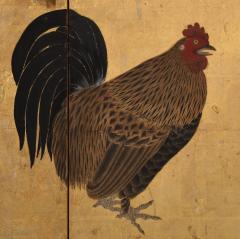 17th Century Japanese Screen Pair Roosters and Chickens in a Bamboo Grove - 4713047