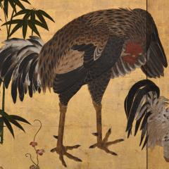 17th Century Japanese Screen Pair Roosters and Chickens in a Bamboo Grove - 4713049