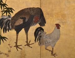 17th Century Japanese Screen Pair Roosters and Chickens in a Bamboo Grove - 4713059