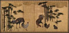 17th Century Japanese Screen Pair Roosters and Chickens in a Bamboo Grove - 4713060