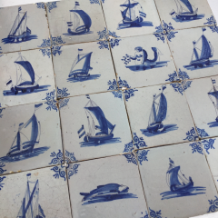 17th century Dutch Delft tiles with Nautical scenes ships and sea monsters  - 4572989