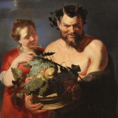17th century antique Flemish painting Faun with fruit basket and Bacchante - 4251528