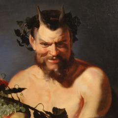 17th century antique Flemish painting Faun with fruit basket and Bacchante - 4251529