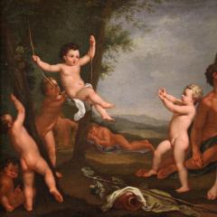 17th century mythological painting landscape with figures and game of cherubs - 3908512