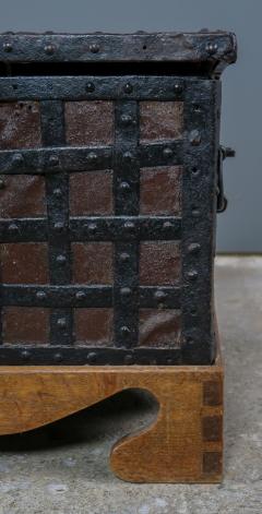 17thc Baroque Money Chest Iron Strapping Leather on Stand - 2438304