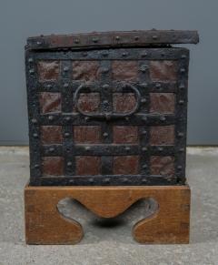 17thc Baroque Money Chest Iron Strapping Leather on Stand - 2438306