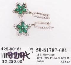 18 Karat White and Yellow Gold Emerald and Diamond Flower Drop Earrings - 2837184