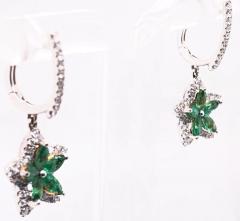 18 Karat White and Yellow Gold Emerald and Diamond Flower Drop Earrings - 2837221