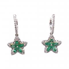 18 Karat White and Yellow Gold Emerald and Diamond Flower Drop Earrings - 2839052