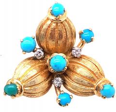 18 Karat Yellow Gold Vintage Earrings with Round Diamonds and Turquoise - 2695953