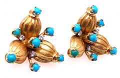 18 Karat Yellow Gold Vintage Earrings with Round Diamonds and Turquoise - 2695957