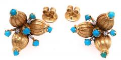 18 Karat Yellow Gold Vintage Earrings with Round Diamonds and Turquoise - 2695958