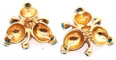 18 Karat Yellow Gold Vintage Earrings with Round Diamonds and Turquoise - 2695960