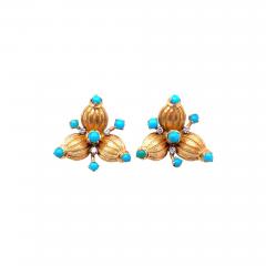 18 Karat Yellow Gold Vintage Earrings with Round Diamonds and Turquoise - 2700723