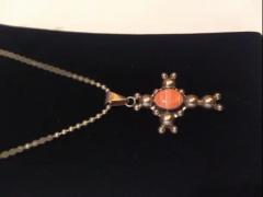 18 Navajo Sterling Silver Studded Necklace with Salmon Coral Cross - 3877782