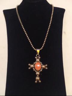 18 Navajo Sterling Silver Studded Necklace with Salmon Coral Cross - 3877784