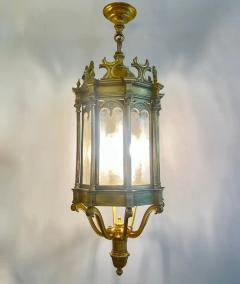 1860 French Antique Gothic Revival Cast Brass Pendant Lantern With Arch Windows - 4261130