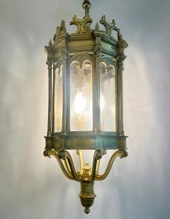 1860 French Antique Gothic Revival Cast Brass Pendant Lantern With Arch Windows - 4261134