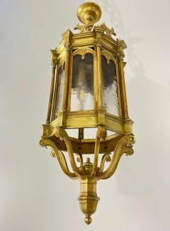 1860 French Antique Gothic Revival Cast Brass Pendant Lantern With Arch Windows - 4261136