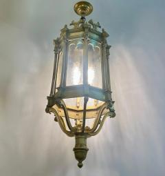 1860 French Antique Gothic Revival Cast Brass Pendant Lantern With Arch Windows - 4261137