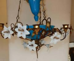 1880 Chandelier in Bindweeds with Blue Opaline and White Opaline Flowers - 2422543