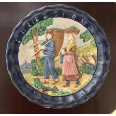 1880 French Country Pair of Navy Blue Edged Folk Art Majolica Decorative Plates - 1544561