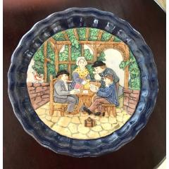 1880 French Country Pair of Navy Blue Edged Folk Art Majolica Decorative Plates - 1544565