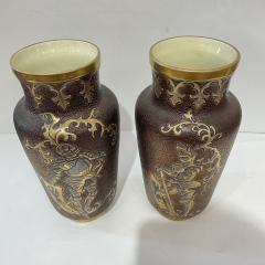 1880 Gien French Faience Pair Majolica Gold Brown Vases with Armored Knights - 2935278