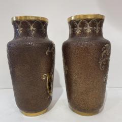 1880 Gien French Faience Pair Majolica Gold Brown Vases with Armored Knights - 2935280