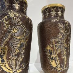 1880 Gien French Faience Pair Majolica Gold Brown Vases with Armored Knights - 2935283