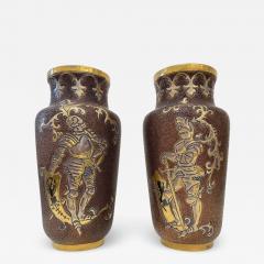 1880 Gien French Faience Pair Majolica Gold Brown Vases with Armored Knights - 2939956