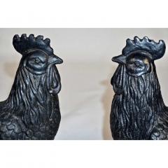 1890s Antique Pair of French Black Cast Iron Folk Art Sculpture Roosters - 652442