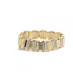 18K Gold Square Link 2 Tone Diamond Mens Bracelet - 3934075