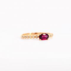 18K Rose Gold Oval Cut Natural Ruby and Diamond Ribbed Bezel Set Ripple Ring - 3513188