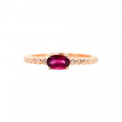 18K Rose Gold Oval Cut Natural Ruby and Diamond Ribbed Bezel Set Ripple Ring - 3574979