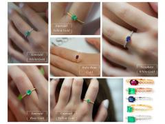 18K Solid Gold Thin Ribbed Textured Band Emerald Ruby Or Sapphire Ring - 3513101