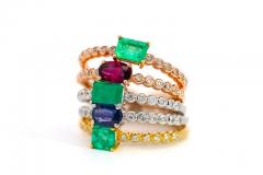 18K Solid Gold Thin Ribbed Textured Band Emerald Ruby Or Sapphire Ring - 3513106