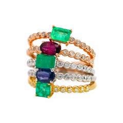 18K Solid Gold Thin Ribbed Textured Band Emerald Ruby Or Sapphire Ring - 3610221