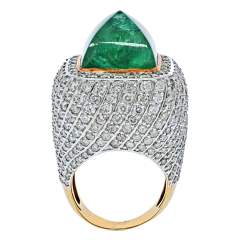 18K TWO TONE 38 CARAT SUGARLOAF GREEN EMERALD AND DIAMOND COCKTAIL RING - 2687950
