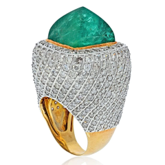 18K TWO TONE 38 CARAT SUGARLOAF GREEN EMERALD AND DIAMOND COCKTAIL RING - 2687957