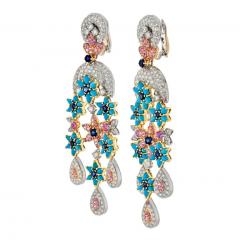 18K TWO TONE TURQUOISE DIAMOND FLOWER MOTIF EARRINGS - 2936166