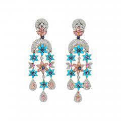 18K TWO TONE TURQUOISE DIAMOND FLOWER MOTIF EARRINGS - 2939906