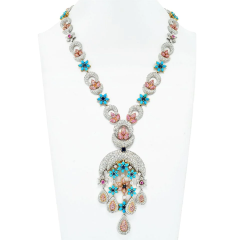 18K TWO TONE TURQUOISE DIAMOND FLOWER MOTIF MOON NECKLACE - 2956707