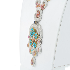18K TWO TONE TURQUOISE DIAMOND FLOWER MOTIF MOON NECKLACE - 2956719